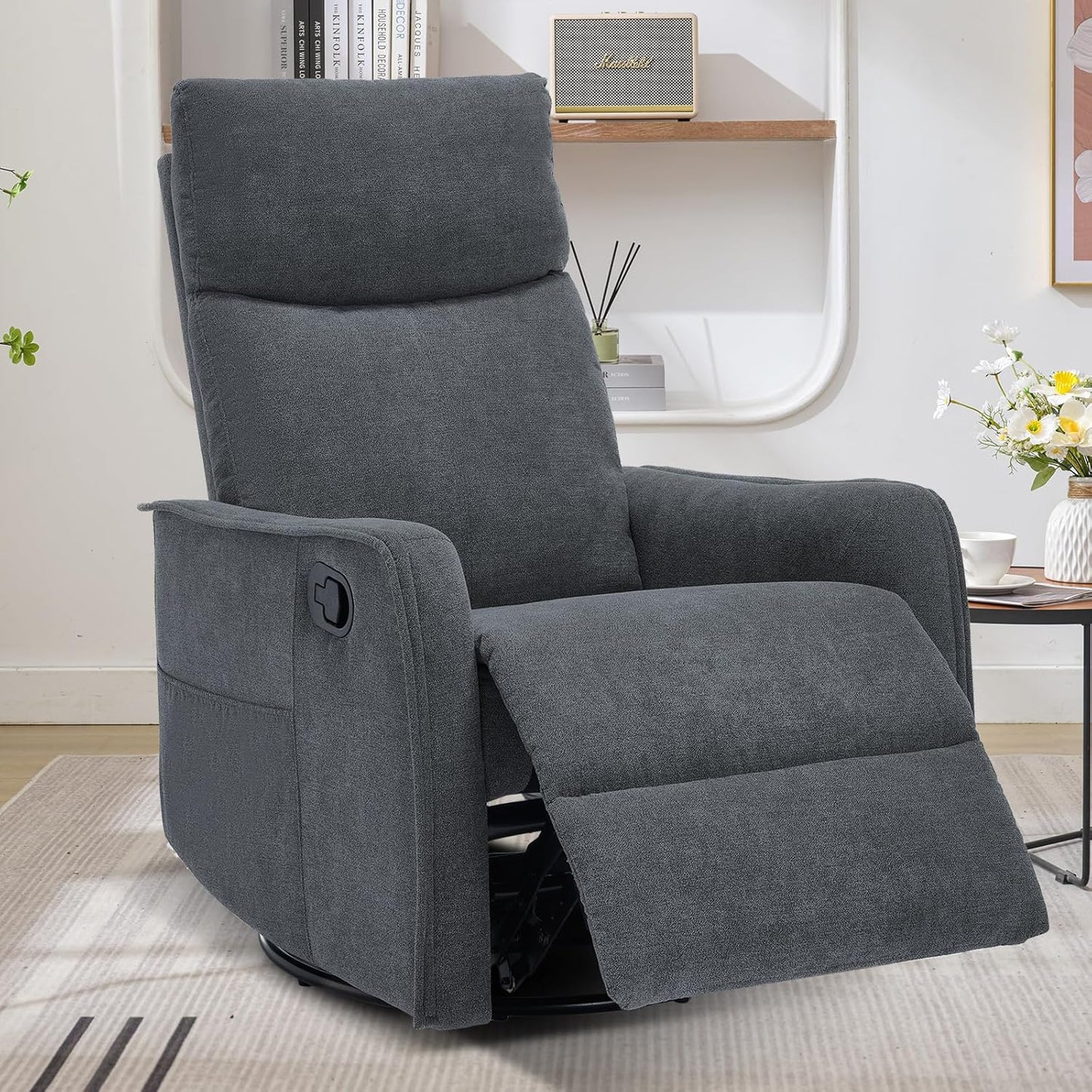 Trustyue Swivel Rocker Recliner Chair, 360° Swivel Recliner with Heat and Massage, Rocker Recliner Nursery Glider Chair with Side Pockets for Living Room (Beige, Fabric)