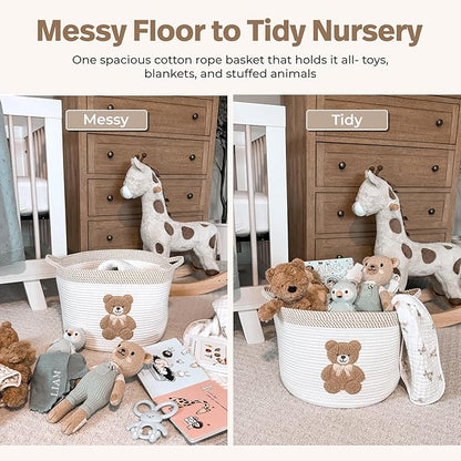 Teddy Bear Storage Basket for Nursery – Large 15"x11" Cotton Rope Bin with Soft Embroidered Bear Patch – Gender Neutral Toy Organizer, Baby Laundry Hamper, Blanket & Diaper Holder