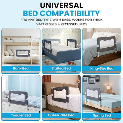 TotCraft Flexguard Adjustable Length & Height Bed Rail for Toddlers – Fits Twin, Full, Queen & King Beds – 35.5″ or 59″ Two Fixed Lengths – 14 Height Levels – ASTM Certified Bed Rail for Baby (Grey)