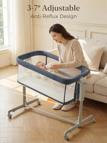 ONTHEWEI Baby Bassinet Bedside Sleeper 3-in-1, Easy Night Feeding with One-Side Fold & Rolling Wheels, Breathable Mesh, 6-Height Adjustable, Soft Mattress for Newborns