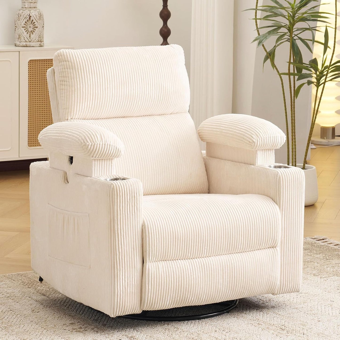 Rocking Chair Nursery with Adjustable Armrests, Electric Glider Recliner Nursing Chair for Breastfeeding, Power Swivel Recliner Chairs with Massage and Heat, Adjustable Headrest , FSC Certified, White
