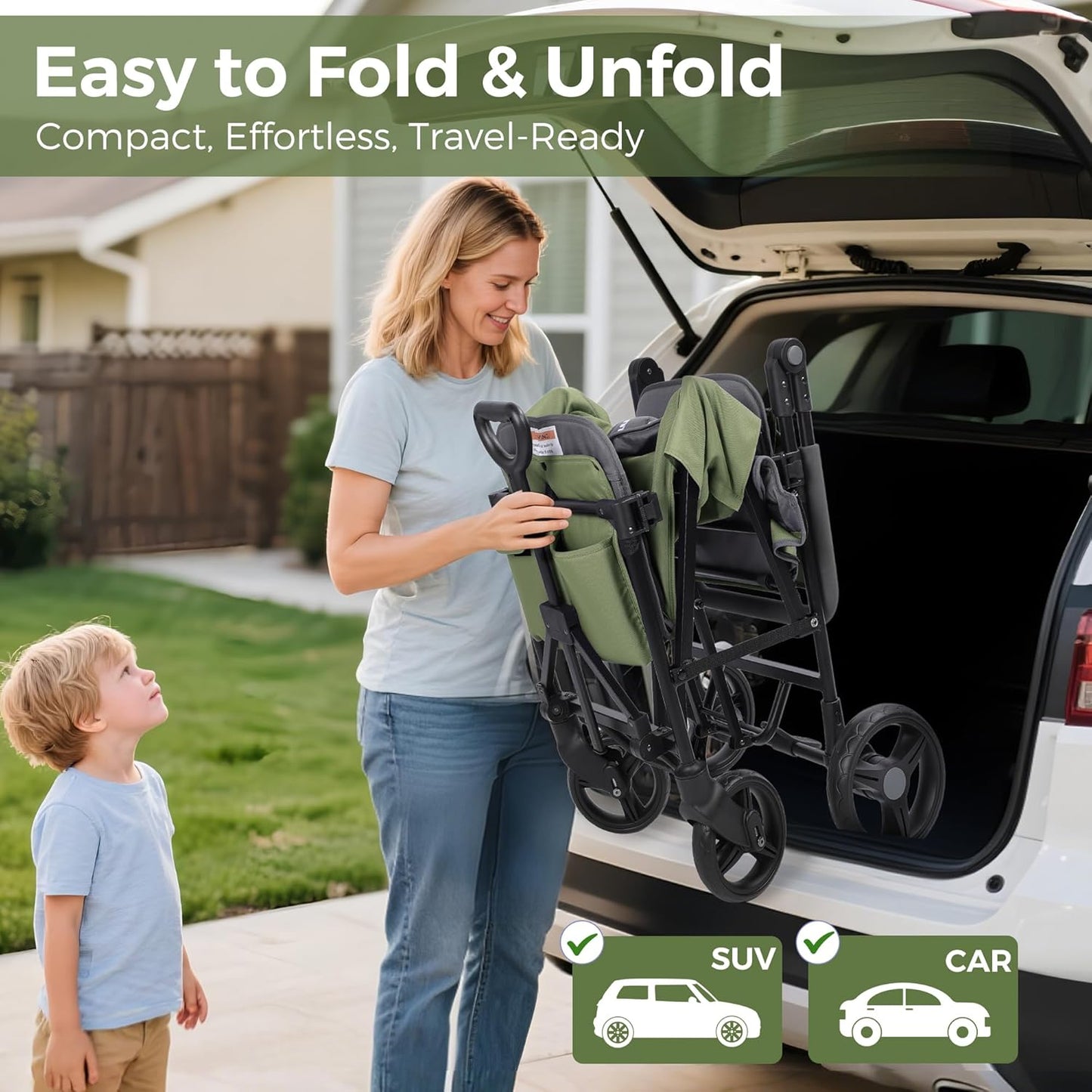 Stroller Wagon for 2 Kids with Canopy, Foldable All-Terrain Wagon Stroller with Adjustable Push/Pull Handle, Parent Organizer, 5-Point Harness, Ideal for Travel & Outdoor Adventures, Meadow Green