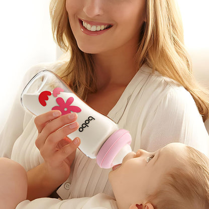 YOHKOH Natural Glass Baby Bottle with Level 1 Slow Flow Nipple, Newborn Anti-Colic Baby Bottles, Wide Neck Mushroom Baby Glass Bottle (Multicolour-A, 3.4oz (Pack of 4))