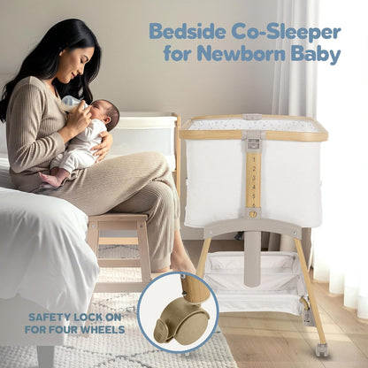 Motherly Haven Baby Bassinet Bedside Sleeper, Portable Crib for Newborns, Adjustable 7-Height Auto-Lock, with Wheels, Soft Mattress & Breathable Mesh (Light Grey)