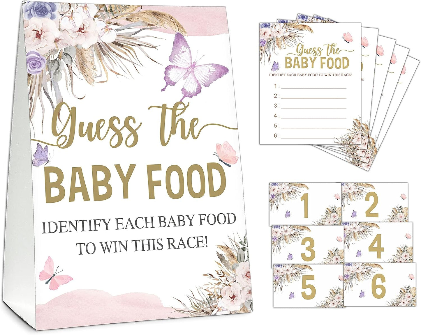 Guess the Baby Food Party Games, Baby Shower Game Set, 1 Standing Sign + 25 Answer Cards + 6 Number Cards, Boho Wild West Gender Reveal Party Decoration Supplies -B05