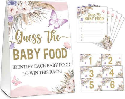 Guess the Baby Food Party Games, Baby Shower Game Set, 1 Standing Sign + 25 Answer Cards + 6 Number Cards, Boho Wild West Gender Reveal Party Decoration Supplies -B05