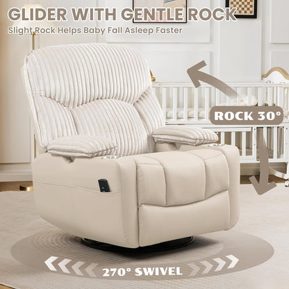GRAINELL Oversize Power Swivel Recliner, 40in Wide Electric Glider Rocking Chair with Headrest Adjustment, USB Port, 270° Swivel, Rock 30° – for Living Room, Nursery, Black (5" 7' to 6" 1' Height)