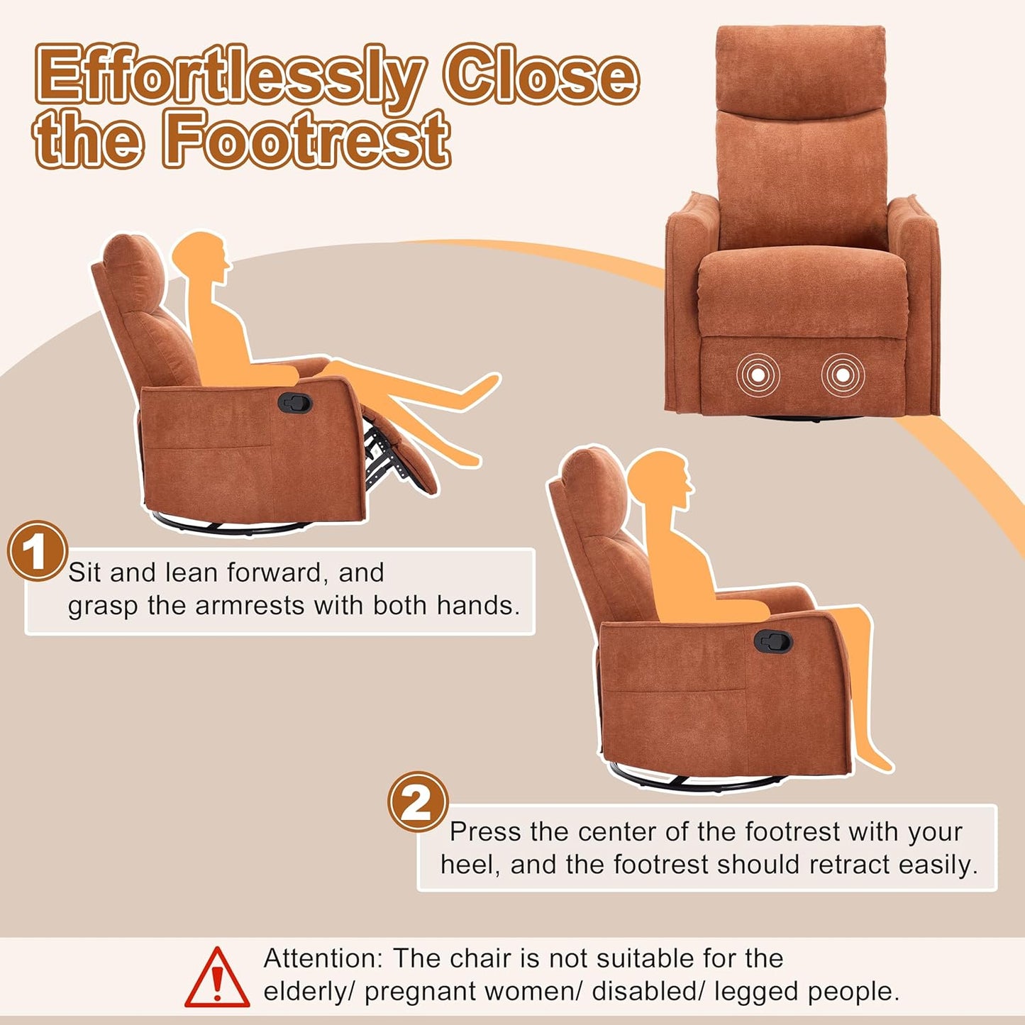 Manual 360° Swivel Rocker Recliner Chair for Adults, Overstuffed Glider Chair for Nursery with Vibration Massage and Heat, Comfy Soft Fabric Glider with Side Pockets for Living Room, Beige