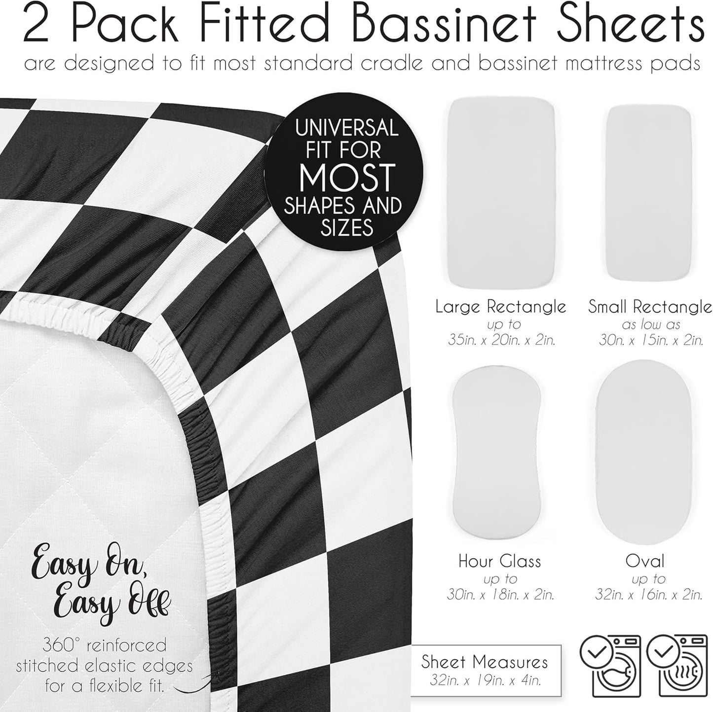 Sweet Jojo Designs 2-Piece Baby Bassinet Sheets Set (Black/White Gingham Checkered Plaid) for Boy/Girl, Infant Newborn Nursery, Oval, Rectangle & Hourglass Mattress (Solid Onyx & Classic Checkerboard)