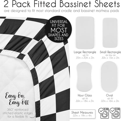 Sweet Jojo Designs 2-Piece Baby Bassinet Sheets Set (Black/White Gingham Checkered Plaid) for Boy/Girl, Infant Newborn Nursery, Oval, Rectangle & Hourglass Mattress (Solid Onyx & Classic Checkerboard)
