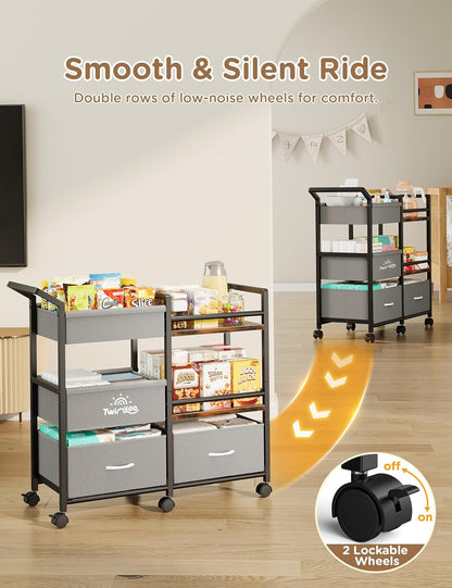 Twinkoo 2-in-1 Baby Diaper Caddy Organizer, 3 Tier Rolling Storage Cart with Dividers and Drawers, Baby Essentials for Nursery Storage, Mobile Utility Cart with Wheels Large Capacity Easy to Assemble