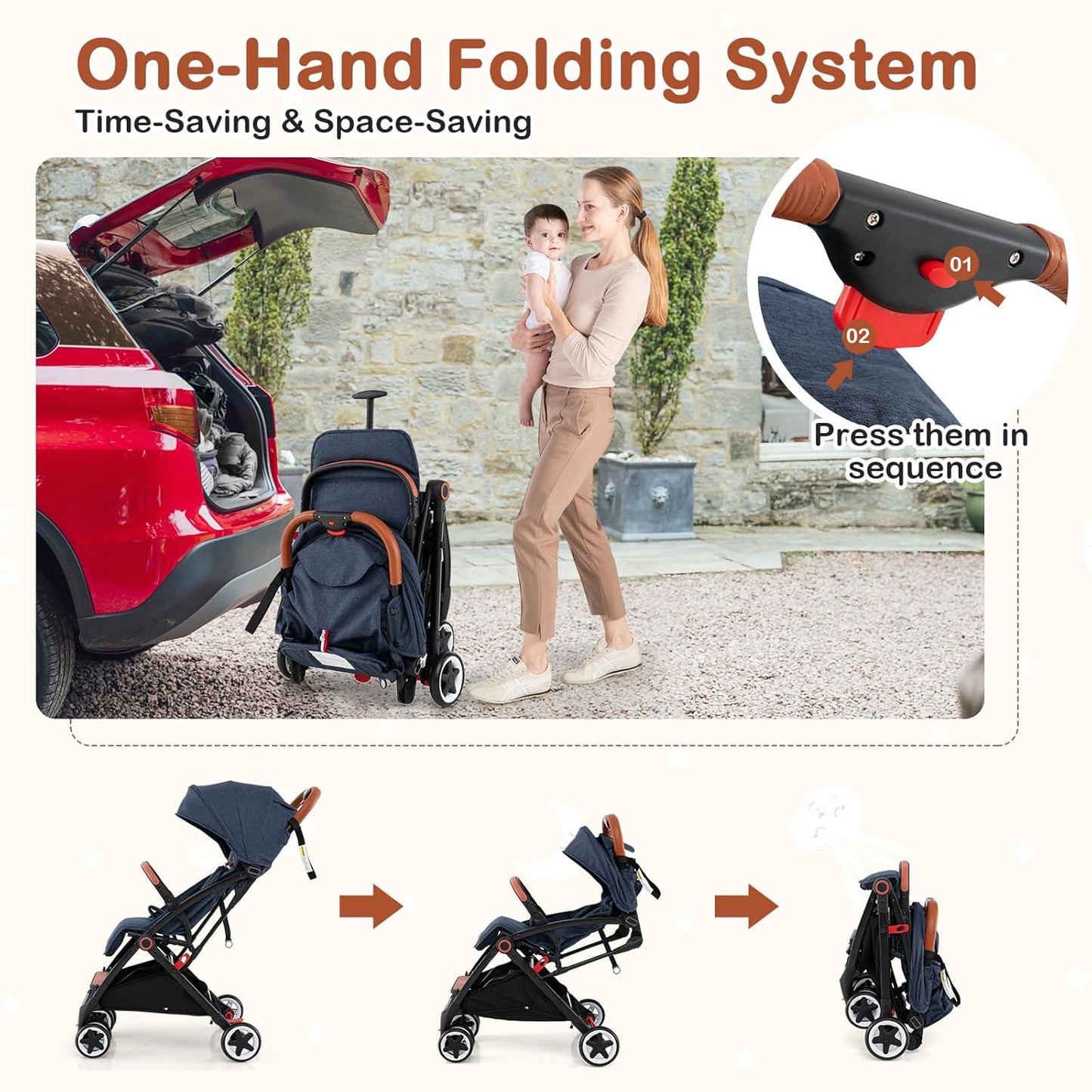 HONEY JOY Travel Stroller, One-Hand Quick Fold Lightweight Umbrella Stroller for Airplane, Wrist Wrap & Net, Multi-Position Recline, Overhead Friendly Compact Stroller for Newborn and Toddler(Gray)