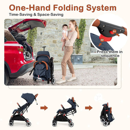HONEY JOY Travel Stroller, One-Hand Quick Fold Lightweight Umbrella Stroller for Airplane, Wrist Wrap & Net, Multi-Position Recline, Overhead Friendly Compact Stroller for Newborn and Toddler(Gray)
