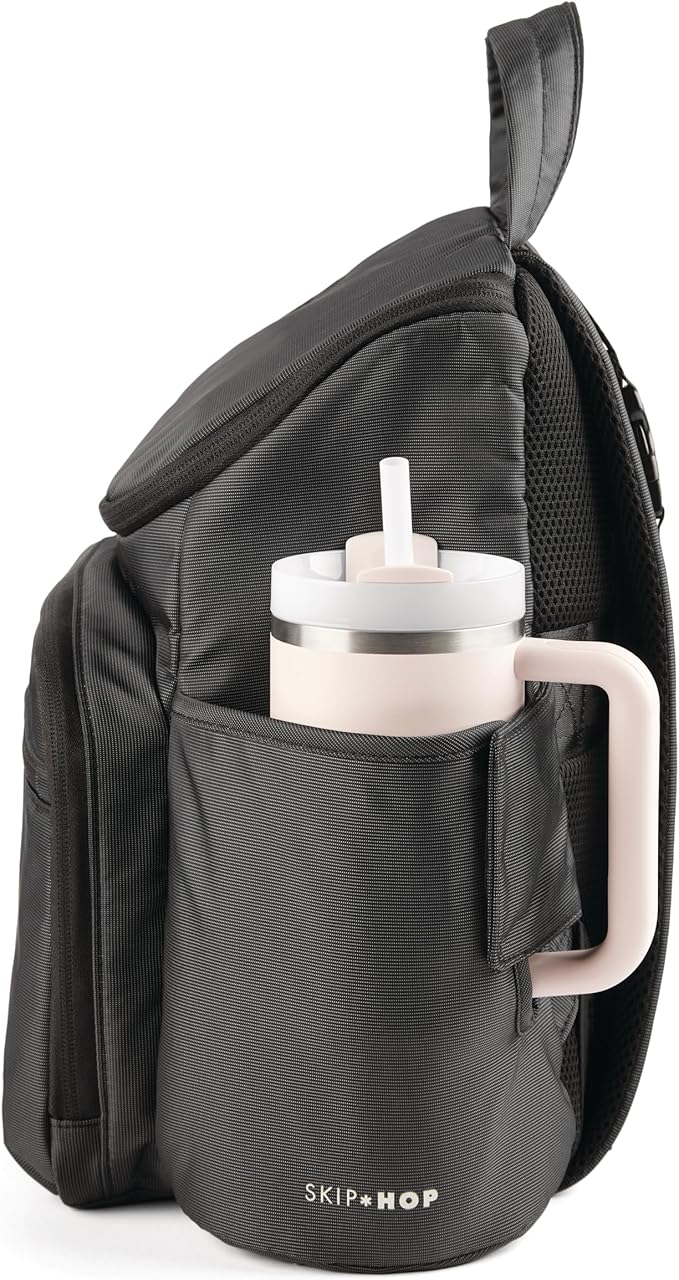 Skip Hop Diaper Bag Backpack with Portable Changing Pad Adjustable Pocket for 30 oz Tumblers 9 Total Pockets Insulated Packing Cubes Luggage Sleeve & Stroller Straps Fits a 14” Laptop Forma Next Black