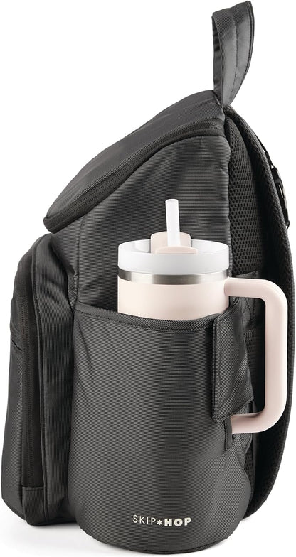 Skip Hop Diaper Bag Backpack with Portable Changing Pad Adjustable Pocket for 30 oz Tumblers 9 Total Pockets Insulated Packing Cubes Luggage Sleeve & Stroller Straps Fits a 14” Laptop Forma Next Black