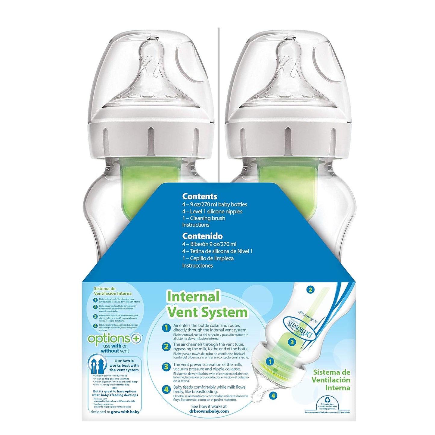 Dr. Brown’s Natural Flow® Anti-Colic Options+™ Wide-Neck Baby Bottles 5 oz/150 mL, with Level 1 Slow Flow Nipple, 4 Pack, 0m+