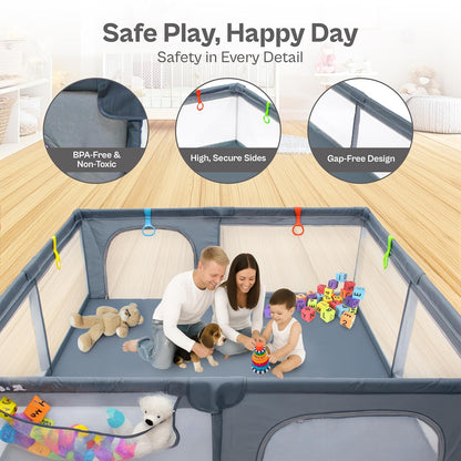 Baby Playpen 71x59 Inch Large Playpen for Babies and Toddlers Baby Playard with Zipper Gates Safety Fence Play Pen Play Yard with Soft Breathable Mesh Indoor & Outdoor Kids Activity Center Dark Gray