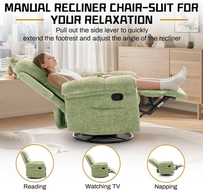 Korser Recliner Chair, Swivel Rocker Recliner Chair for Adults, Small Recliners for Small Spaces, Upholstered Manual Recliner with Side Pockets, Nursery Rocking Chair for Living Room, Chenille, Beige