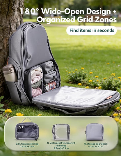 BABELIO Grid Wizard Diaper Bag Backpack - Multi Function Waterproof Diaper Bag, Travel Essentials Baby Bag with 4 Individual Organizers, Insulated Bottle Holders, Baby Shower Gifts, Grey