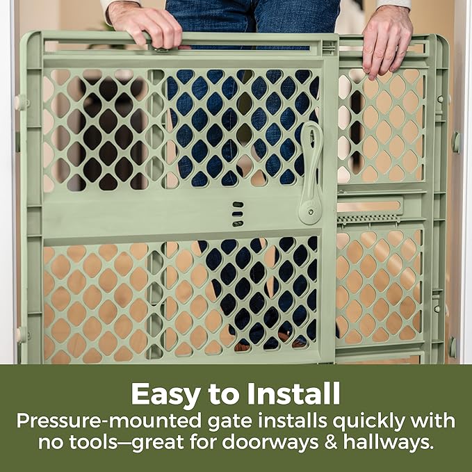 Toddleroo by North States - ReNew 100% Recycled Plastic Baby Gate for Doorway; Sturdy for Indoor & Outdoor Use: Pressure Mounted, No Drill Gate; Made in USA; 26" to 42" Wide, 26" Tall; Sea Grass Green