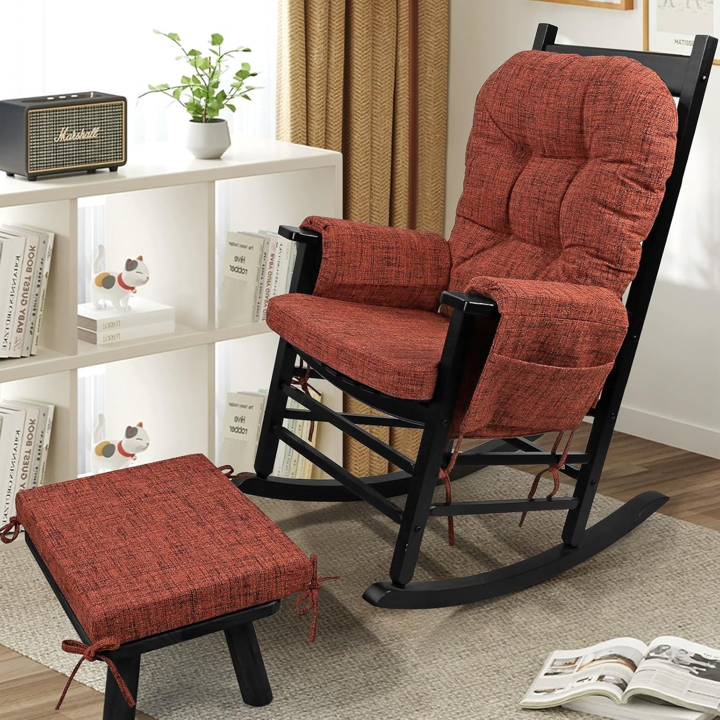 SINOSSO Glider Rocker Cushion Set (5 Pcs), Soft Blended Fabric High-Density Support Foam Seat Cushions with Ties, Fits Rocking Chair/Nursery Glider & Ottoman, Black-Gray