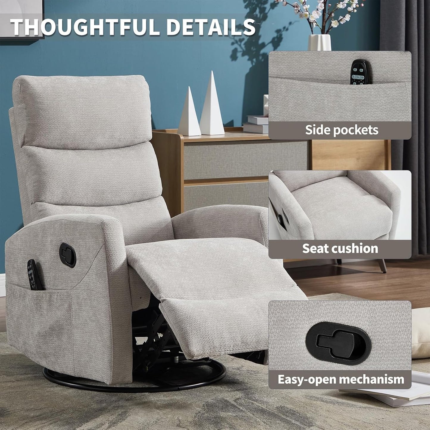 Massage Chair Recliner with Heat, Swivel Rocking Chair Recliner with High Back, Manual Nursery Recliners for Adults,Small Recliner Chair for Small Spaces, Living Room Bedroom, Fabric (Blue Green)