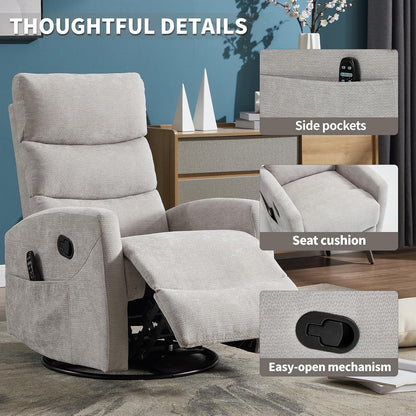 Massage Chair Recliner with Heat, Swivel Rocking Chair Recliner with High Back, Manual Nursery Recliners for Adults,Small Recliner Chair for Small Spaces, Living Room Bedroom, Fabric (Blue Green)