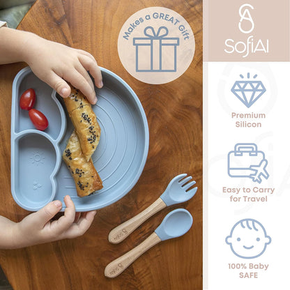 BPA-Free Non-Toxic Silicone Baby Feeding Set – Suction Plate, Bowl, Bib & Cup – 11-Piece Baby Led Weaning Set for Ages 6-18 Months – Eco Gift Bag (Dusty Blue)