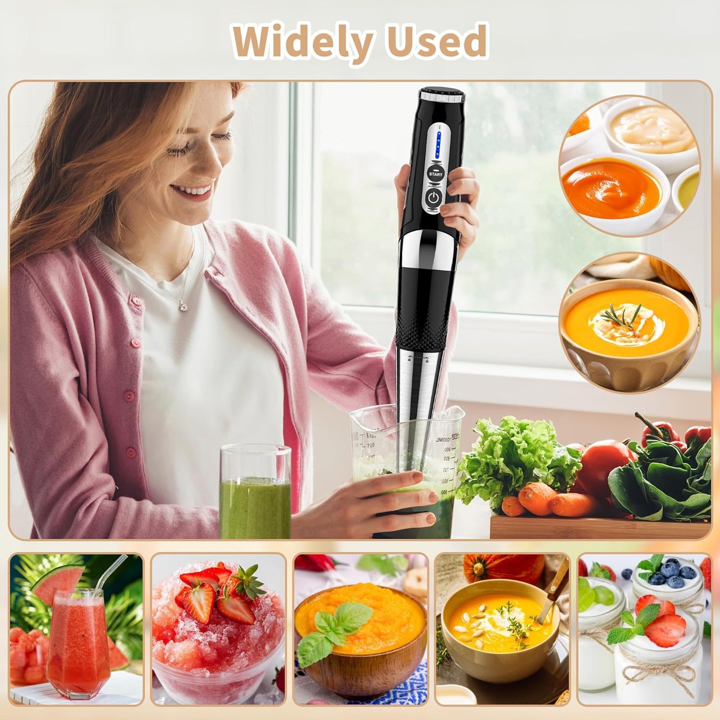 Toogel Cordless Immersion Blender, Electric Hand Blender with 21-Speed & 3-Angle Adjust, USB Rechargeable, BPA-Free & Dishwasher Safe for Baby Food, Smoothies, Soup (Grey)
