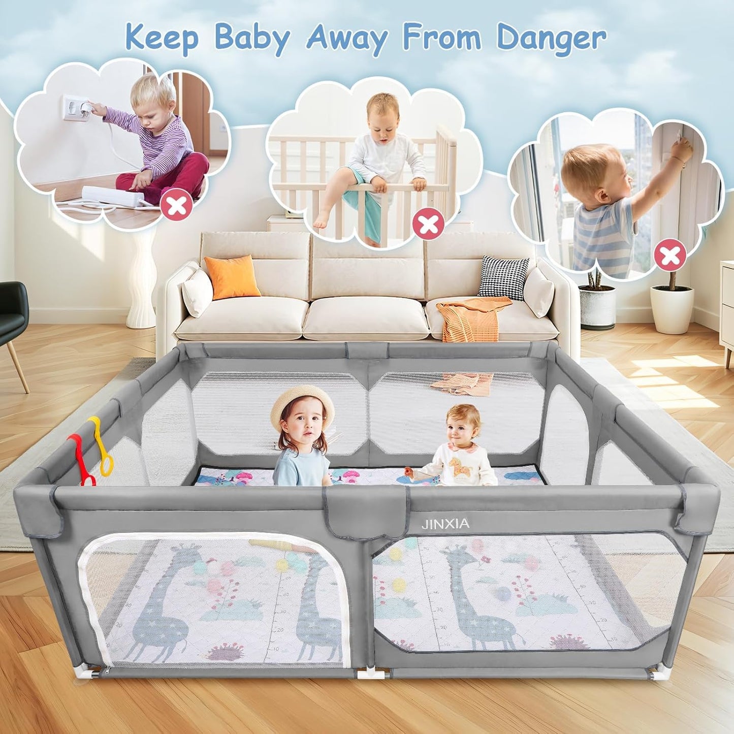 JINXIA Baby Playpen with Mat 75"*59", Large Play Pen for Babies and Toddlers with Soft Breathable Mesh, Climb-Proof Anti-Fall Baby Playpen, Sturdy Safety Play Yard for Indoor Outdoor Fun, Grey