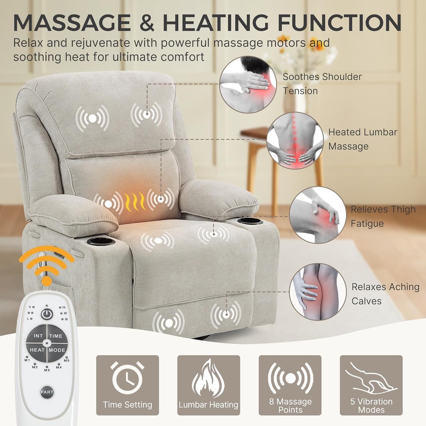 Recliner Chair Power Control, Nursery Reclining & Rocking Chair and Glider, Massage Swivel Living Room Furniture for Small Spaces, Bedroom, RVS, Lounge Sofa Chairs with USB & Type C Ports, Light Gray