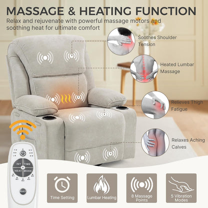 Recliner Chair Power Control, Nursery Reclining & Rocking Chair and Glider, Massage Swivel Living Room Furniture for Small Spaces, Bedroom, RVS, Lounge Sofa Chairs with USB & Type C Ports, Light Gray