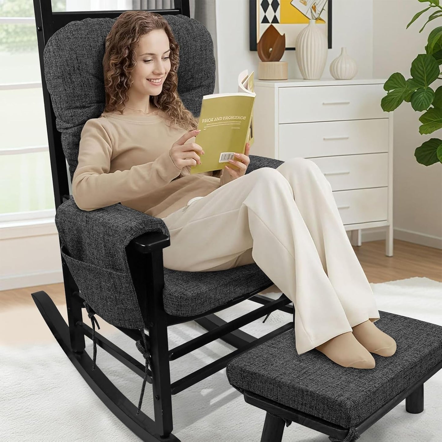 SINOSSO Glider Rocker Cushion Set (5 Pcs), Soft Blended Fabric High-Density Support Foam Seat Cushions with Ties, Fits Rocking Chair/Nursery Glider & Ottoman, Black-Gray