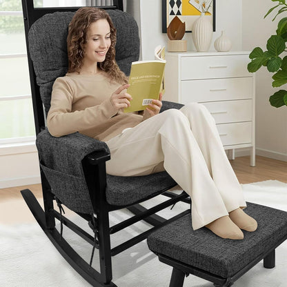 SINOSSO Glider Rocker Cushion Set (5 Pcs), Soft Blended Fabric High-Density Support Foam Seat Cushions with Ties, Fits Rocking Chair/Nursery Glider & Ottoman, Black-Gray