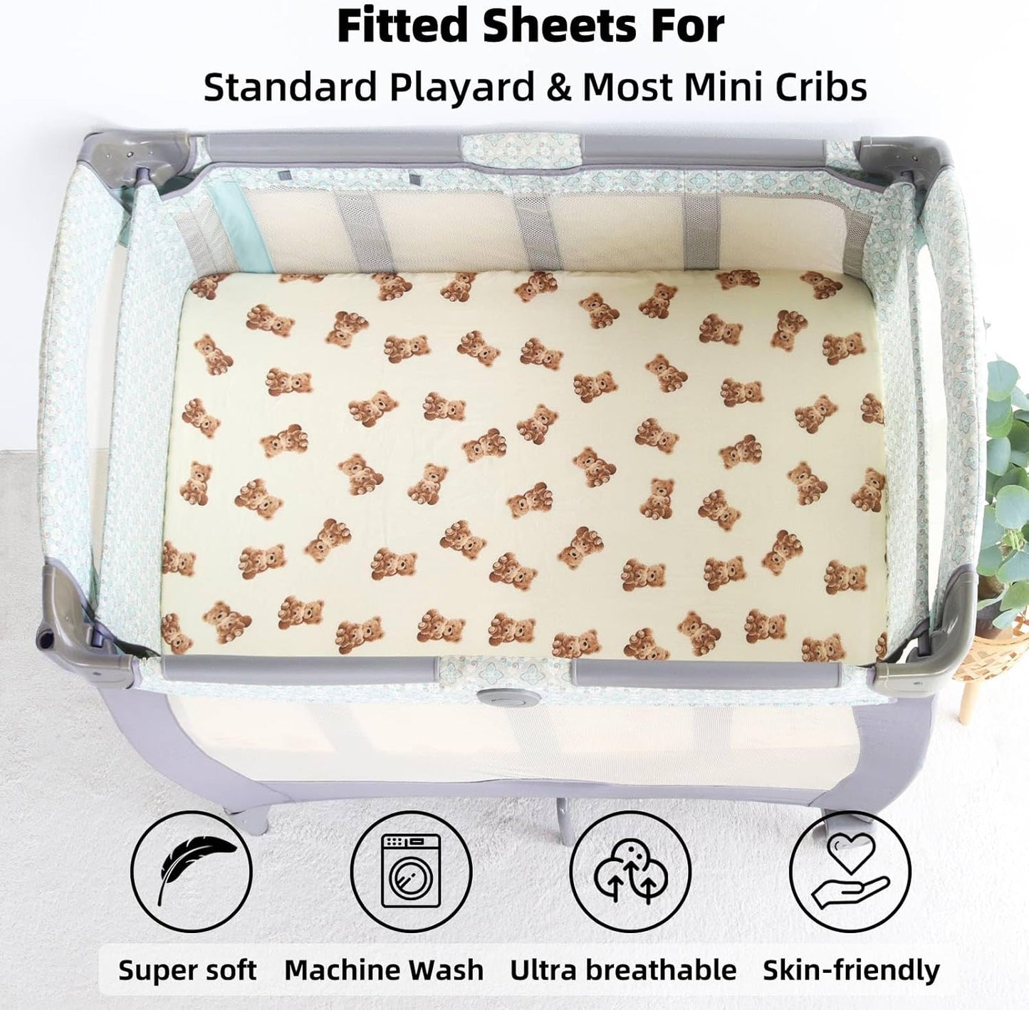 LifeTree Crib Sheets for Baby Unisex - Muslin Fitted Crib Sheets Toddler Bed Sheet, 70% Viscose from Bamboo and 30% Cotton, Fits Mini Crib & Pack and Play Playard, Bear, 26in x 38in