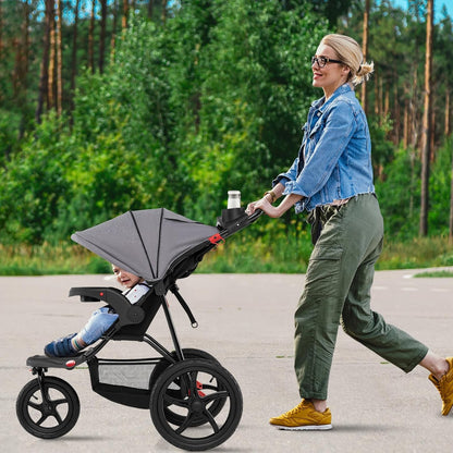 HONEY JOY Jogging Stroller, Foldable Running Stroller w/Adjustable Canopy & Recline Seat, 2 Cup Holders, Snack Tray, Storage Basket, Bicycle Tires, Baby Jogger Stroller for Infants to Toddlers (Gray)