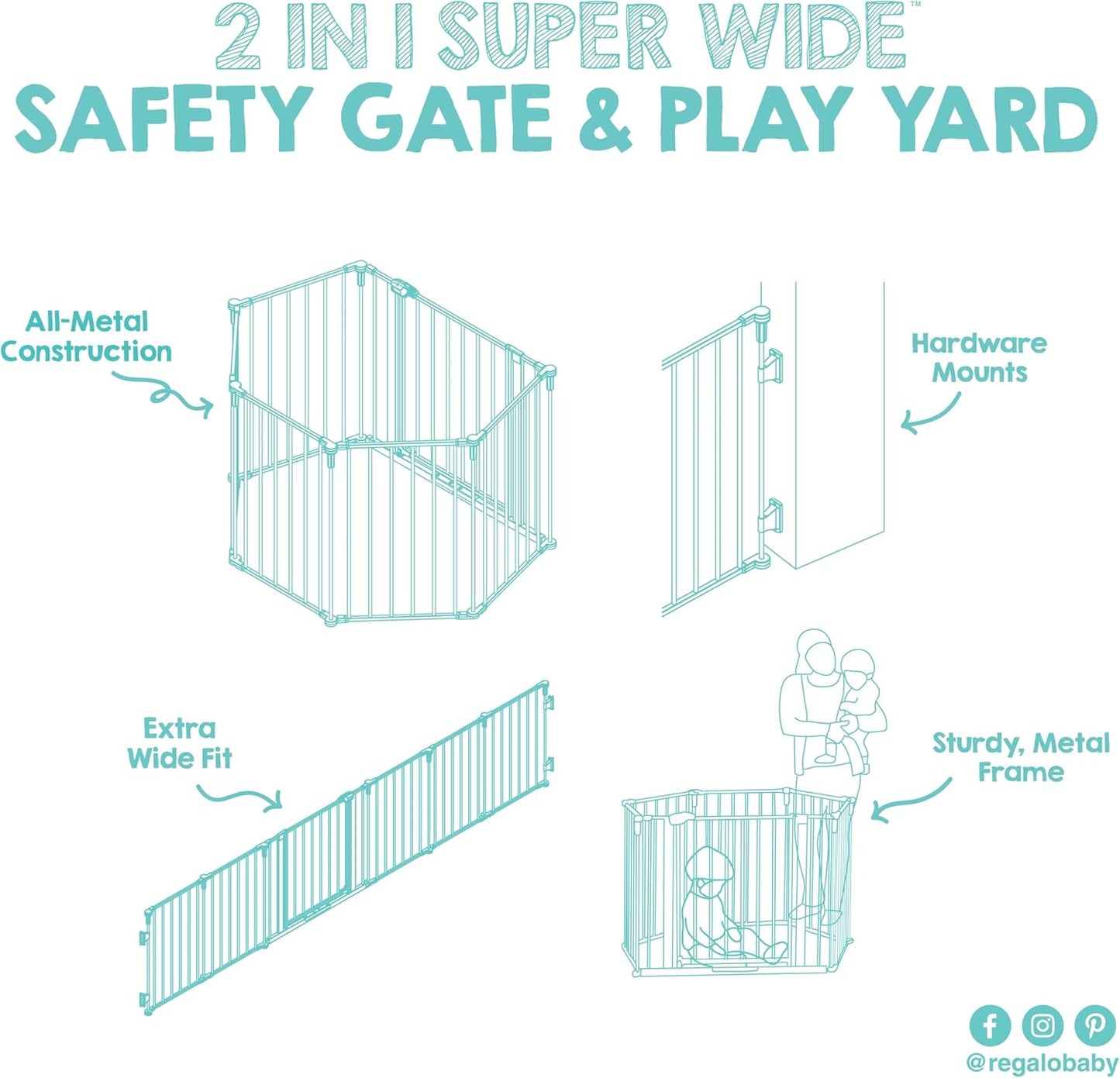 Regalo Safety 192" Super Wide Baby Gate & Play Yard, 2-in-1 Convertible Extra Wide Safety Barrier, Hardware Mounted for Toddlers & Pets, Tested & Safe for 30 Years, American Designed & Owned, White