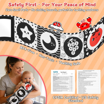 High Contrast Baby Toys for Newborn – Black White Tummy Time Mirror Toy, Crinkle Sensory Baby Book 0-6 Months for Newborns, Attach to Crib/Stroller/Car Seat