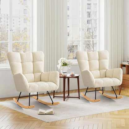 Furniliving Nursery Rocking Chair Upholstered Glider Rocking Chair Modern Accent Chair Padded Seat Reading Chair with High Backrest Comfy Chair for Living Room, Bedroom, Nursery, Black, Teddy