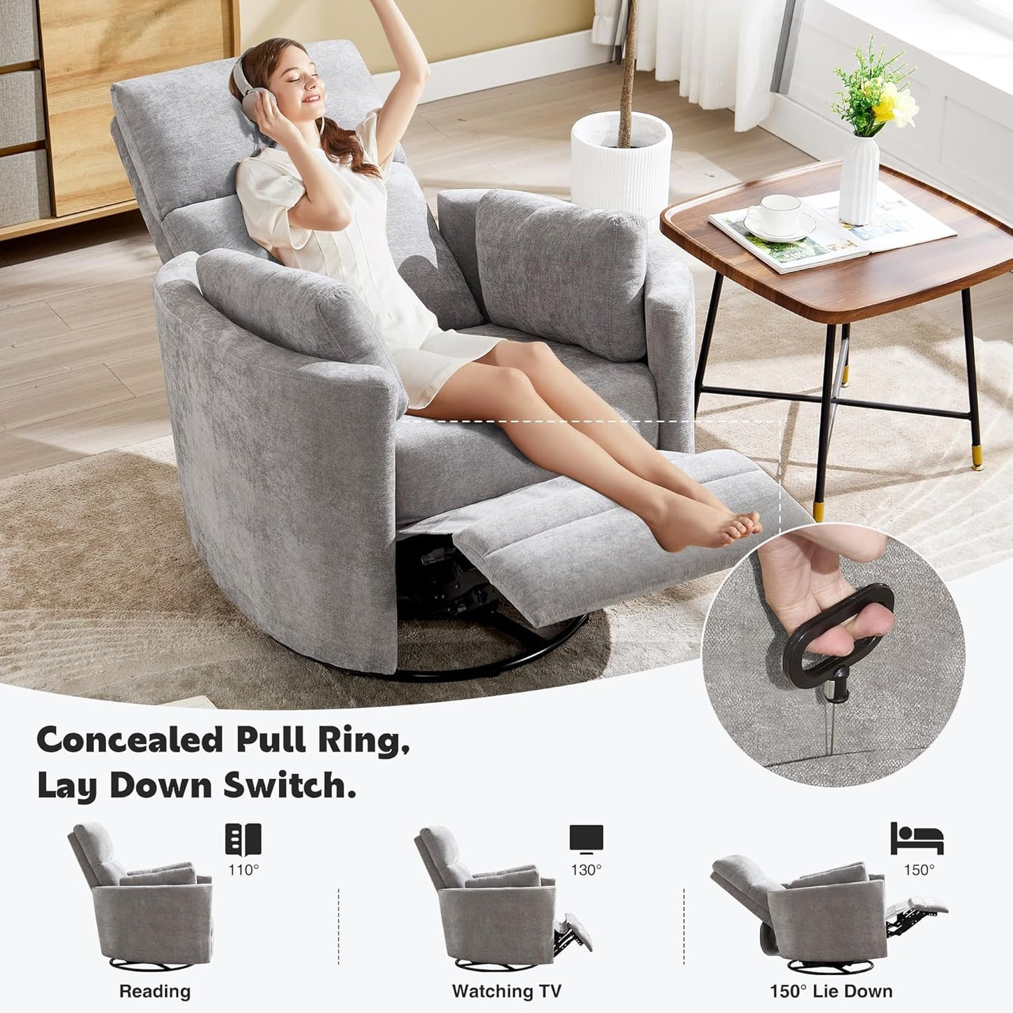 Power Recliner,Nursery Swivel Glider Rocking Chair with USB Port,Upholstered Adult Electric Recliner Rocking Chair with 2 Pillows for Living Room Bedroom (Beige Corduroy, Power-Driven)