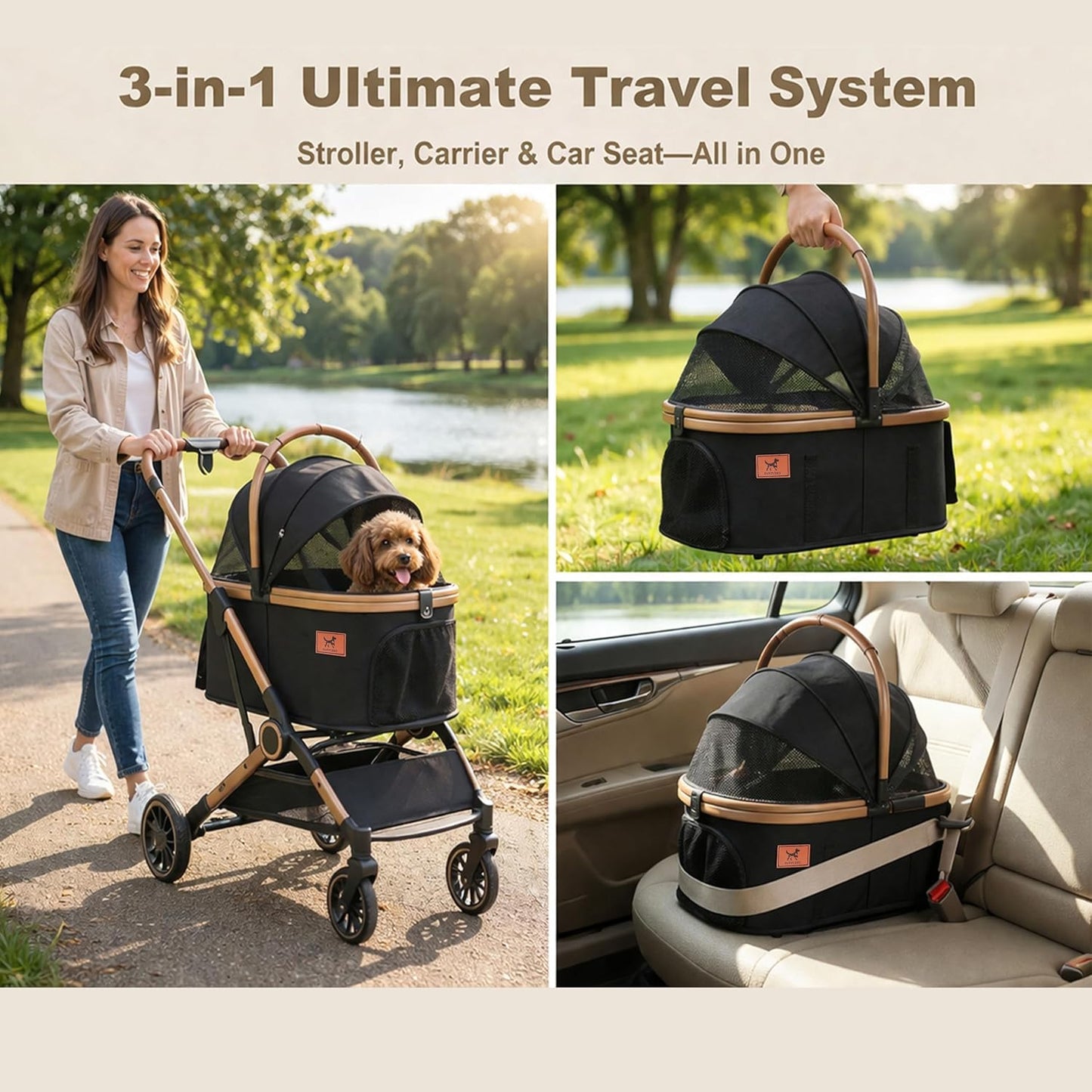Premium Dog Stroller for Small & Medium Dogs, 6 in 1 Luxury Foldable Pet Stroller with Detachable Carrier, Travel Cat Stroller with 360° Rotating Wheels, Detachable Pet Car Seat, Black