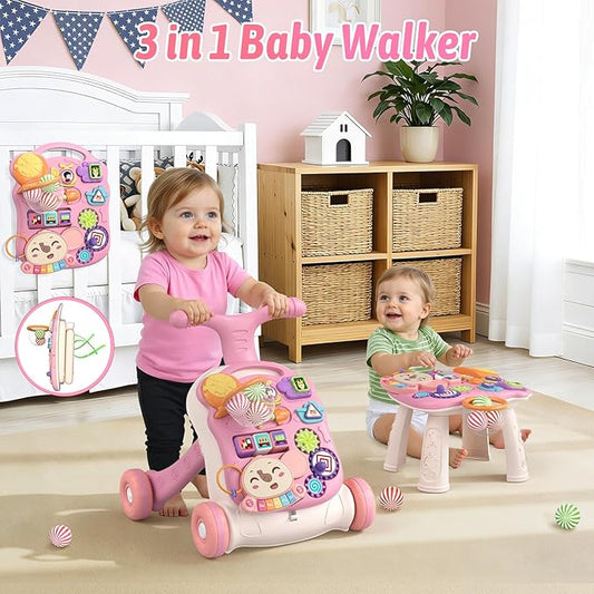 QDRAGON 3 in 1 Baby Walker and Activity Center for Girl, Learning to Walk, Sit to Stand, Early Educational Push Toys with Music Panel for Infant Toddler 12+ Months Pink