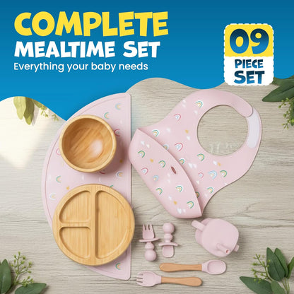 Bamboo & Silicone Baby Feeding Set 8 PCS | Baby Led Weaning Supplies Self Feeding | Divided Suction Plate Bowl Bib Sippy Cup with Straw Utensils Baby Bowls and Spoons Toddler Feeding Set (Yellow)
