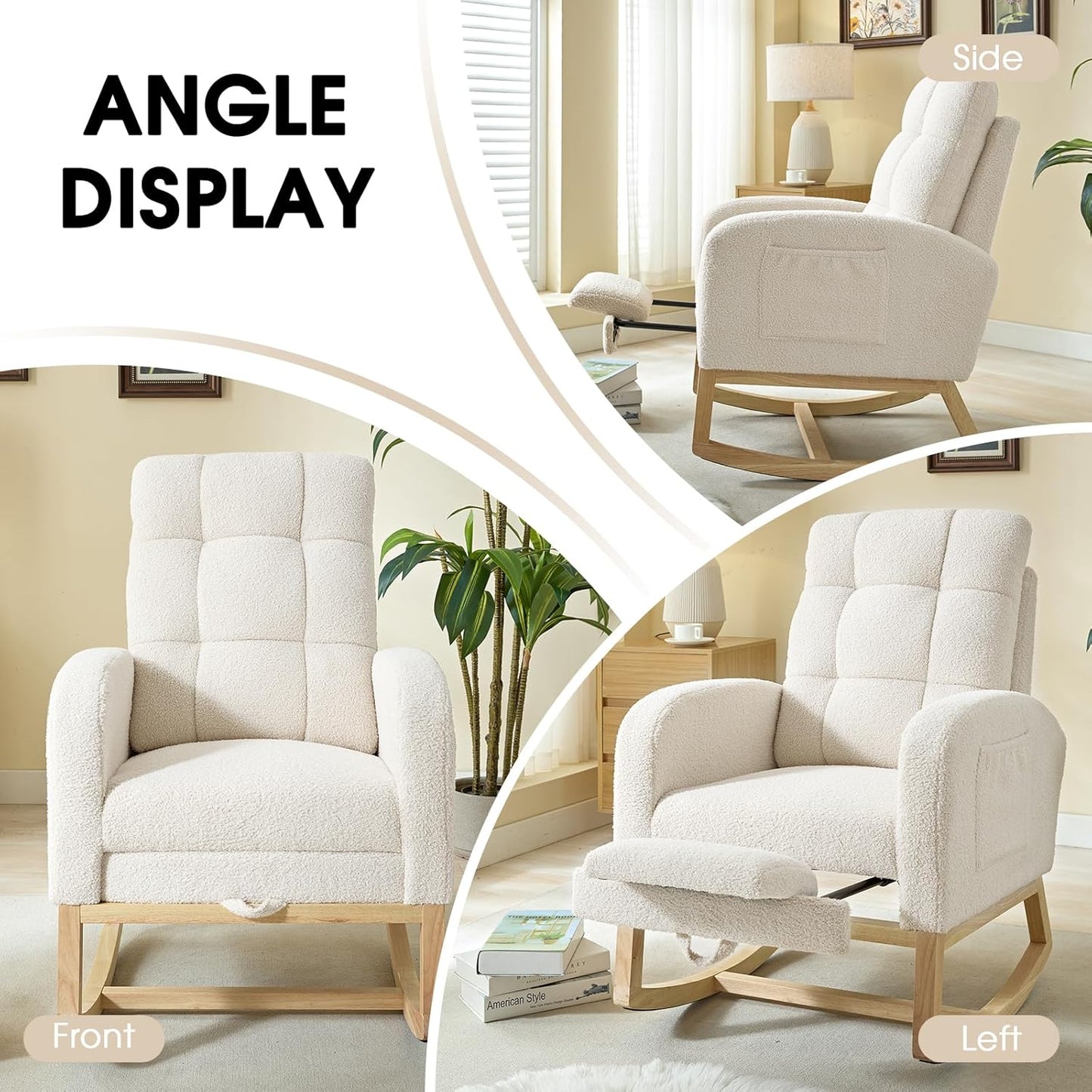 NIOIIKIT Modern Nursery Rocking Chair, Teddy Upholstered Rocking Chair with Footrest, Comfortable Rocker Recliner with Side Pocket, Rocker Glider for Living Room, Bedroom, Nursing Room (Apricot)