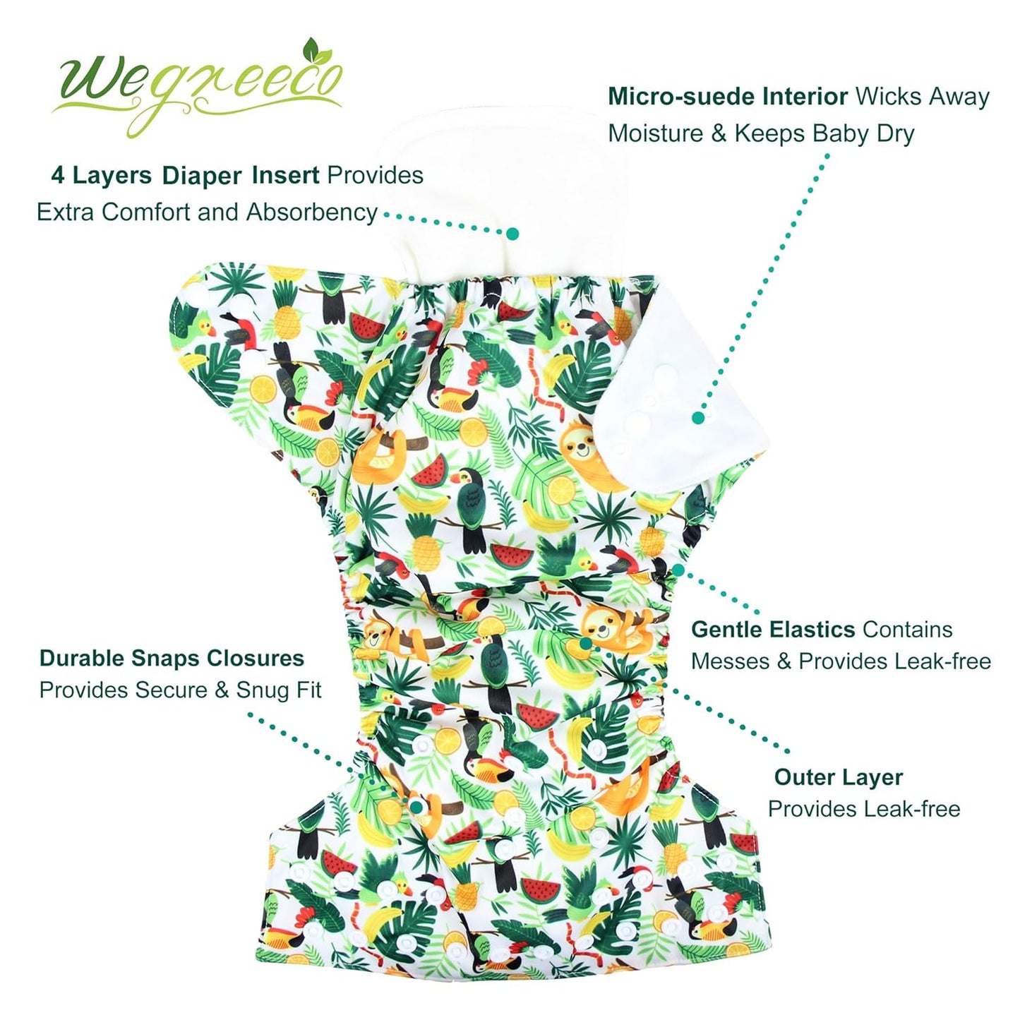 wegreeco Cloth Diapers 6 Pack with 6 Inserts & 1 Wet Bag, Washable Cloth Diapers for Babies, One Size Adjustable Reusable (Flower)