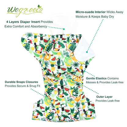 wegreeco Cloth Diapers 6 Pack with 6 Inserts & 1 Wet Bag, Washable Cloth Diapers for Babies, One Size Adjustable Reusable (Flower)