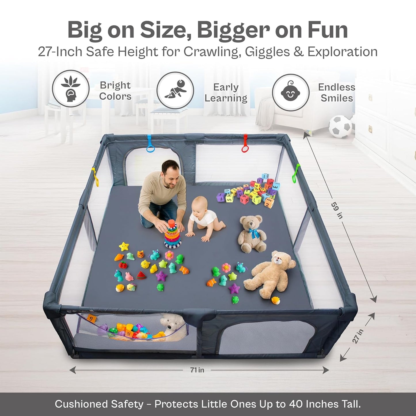 Baby Playpen 71x59 Inch Large Playpen for Babies and Toddlers Baby Playard with Zipper Gates Safety Fence Play Pen Play Yard with Soft Breathable Mesh Indoor & Outdoor Kids Activity Center Dark Gray