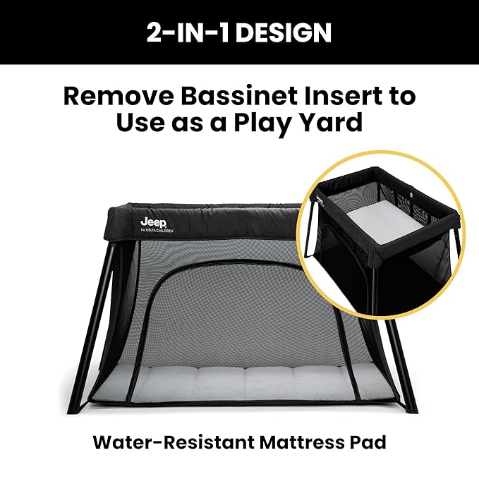 Jeep Horizon Compact Travel 2-in-1 Play Yard and Bassinet, Black