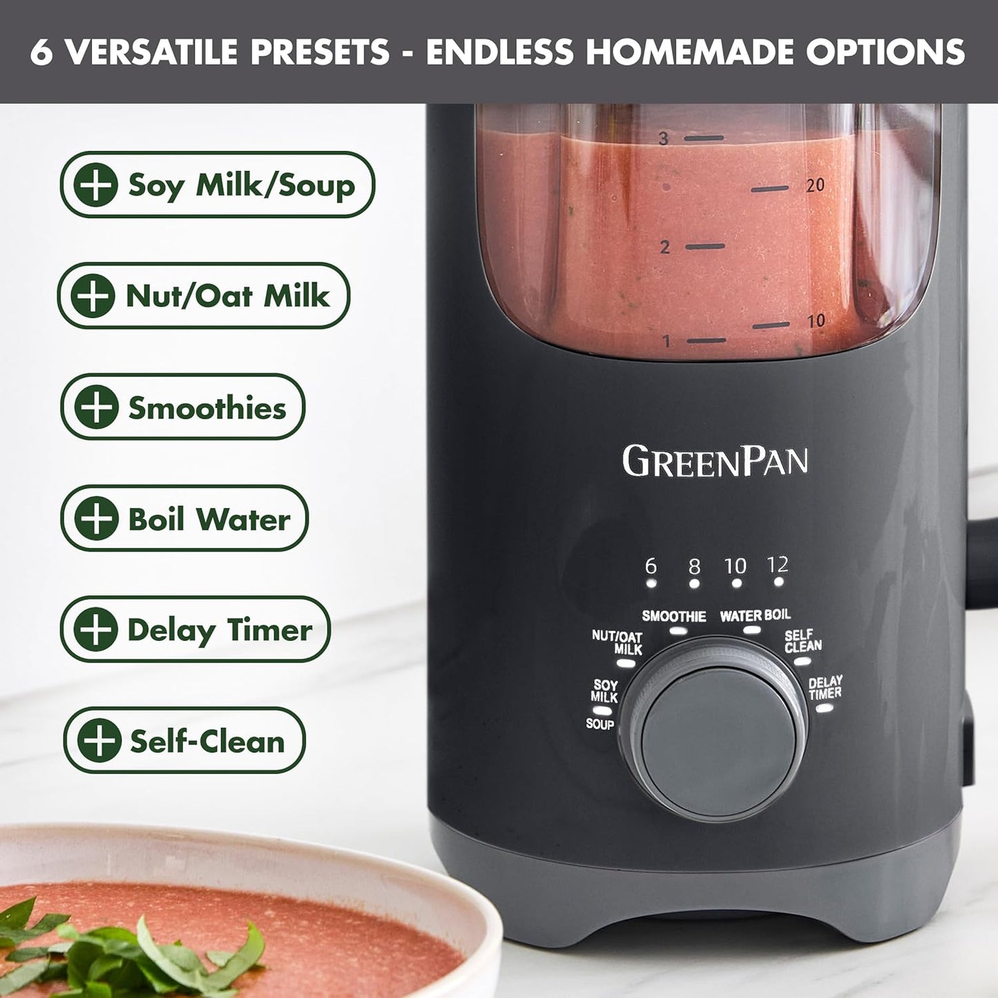 GreenPan 30oz Nut Milk Maker Machine, 15-in-1 for Homemade Almond, Oat, Soy, Coconut, Plant-Based Non-Dairy Beverages, Soups, BPA-Free Glass, Automatic Self-Clean, Delay Start, Pink