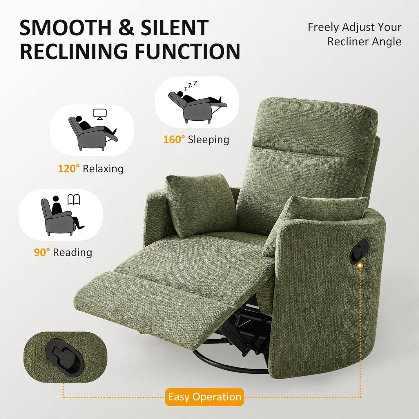 Nursery Rocking Chair, Oversized 360° Swivel Glider Recliner Chair, Upholstered Nursery Rocker with 2 Pillows and Footrest, Cozy Reclining Sofa for Living Room, Bedroom, Nursing, Olive